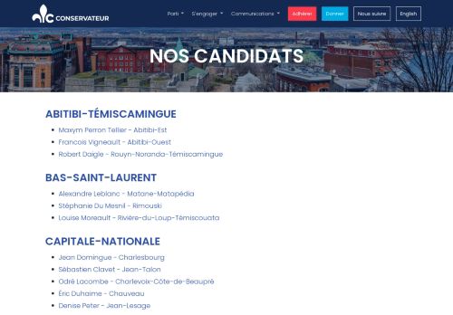 Screenshot of https://www.conservateur.quebec/candidats