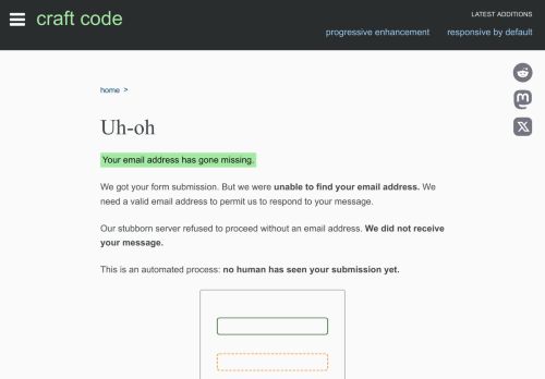 Screenshot of https://craft-code.dev/contact/missing-email