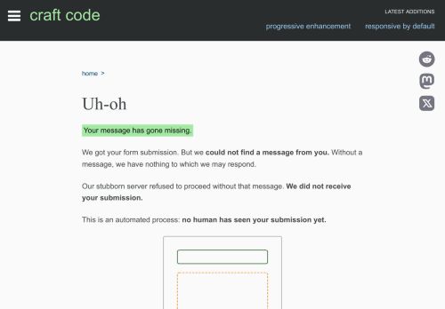 Screenshot of https://craft-code.dev/contact/missing-message