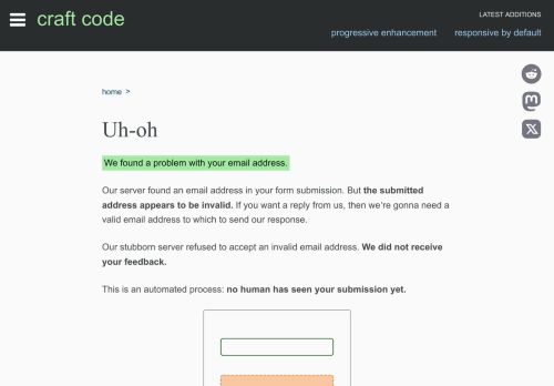 Screenshot of https://craft-code.dev/feedback/invalid-email