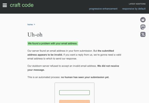 Screenshot of https://craft-code.dev/join/invalid-email