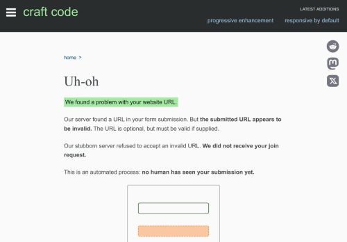 Screenshot of https://craft-code.dev/join/invalid-url