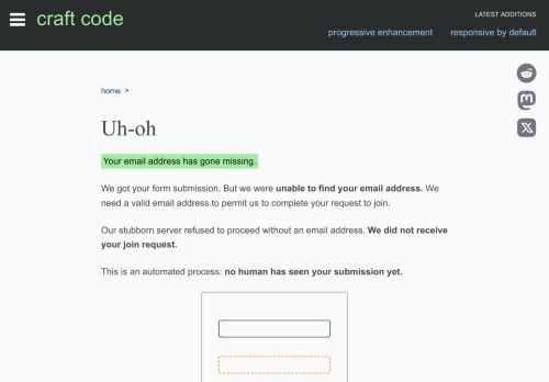 Screenshot of https://craft-code.dev/join/missing-email