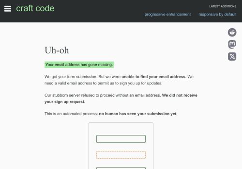 Screenshot of https://craft-code.dev/subscribe/missing-email