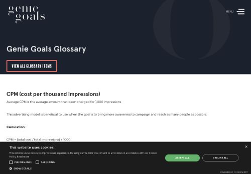 Screenshot of https://www.geniegoals.co.uk/glossary/cpm-cost-per-thousand-impressions