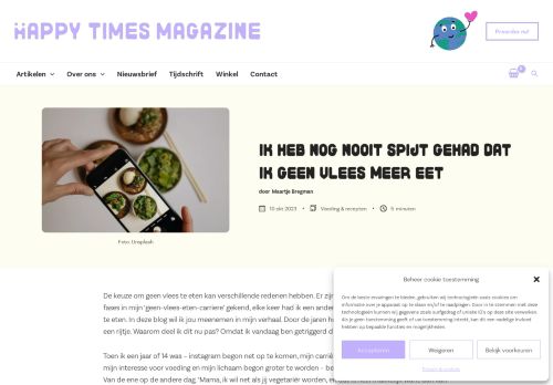 Screenshot of https://www.happytimesmagazine.nl/ik-heb-nog-nooit-spijt-gehad-dat-ik-geen-vlees-meer-eet/