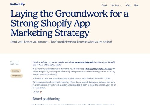Screenshot of https://kollectify.com/blog/laying-the-groundwork-for-a-strong-shopify-app-marketing-strategy
